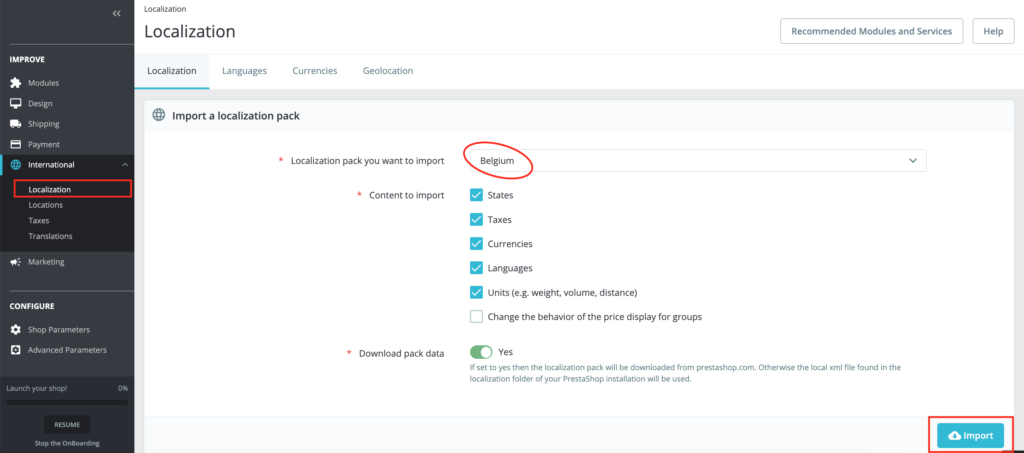 Localization settings